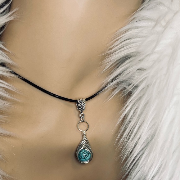 Genuine Turquoise Pendant Hand Wire Wrapped With Silver Pl Wire - Picture 7 of 8